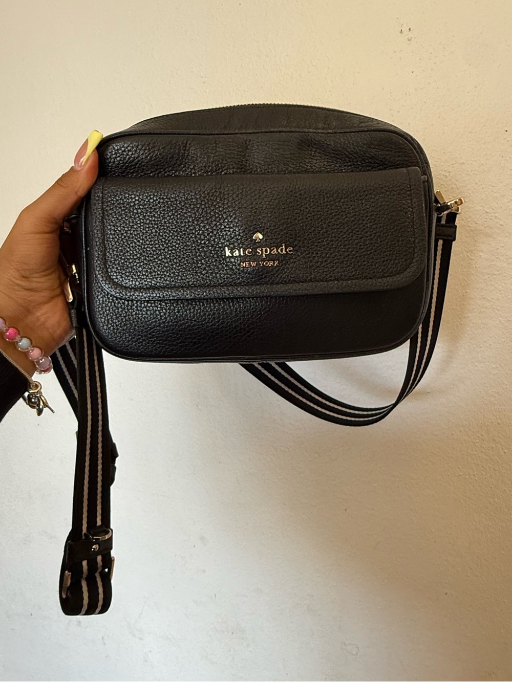 kate spade Black Pebbled Leather Crossbody with Striped Strap